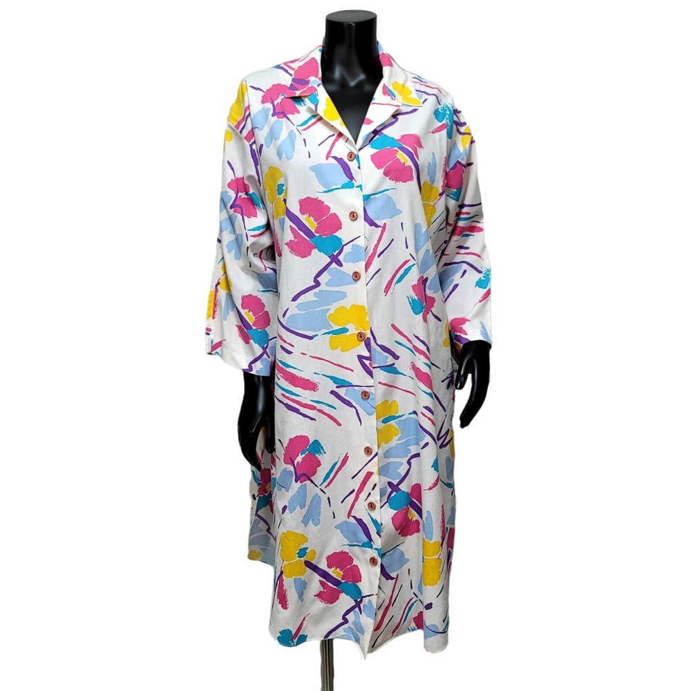 Vintage HHR Abstract Floral Button Down Shirt Dress High Slit USA Kitschy Bold